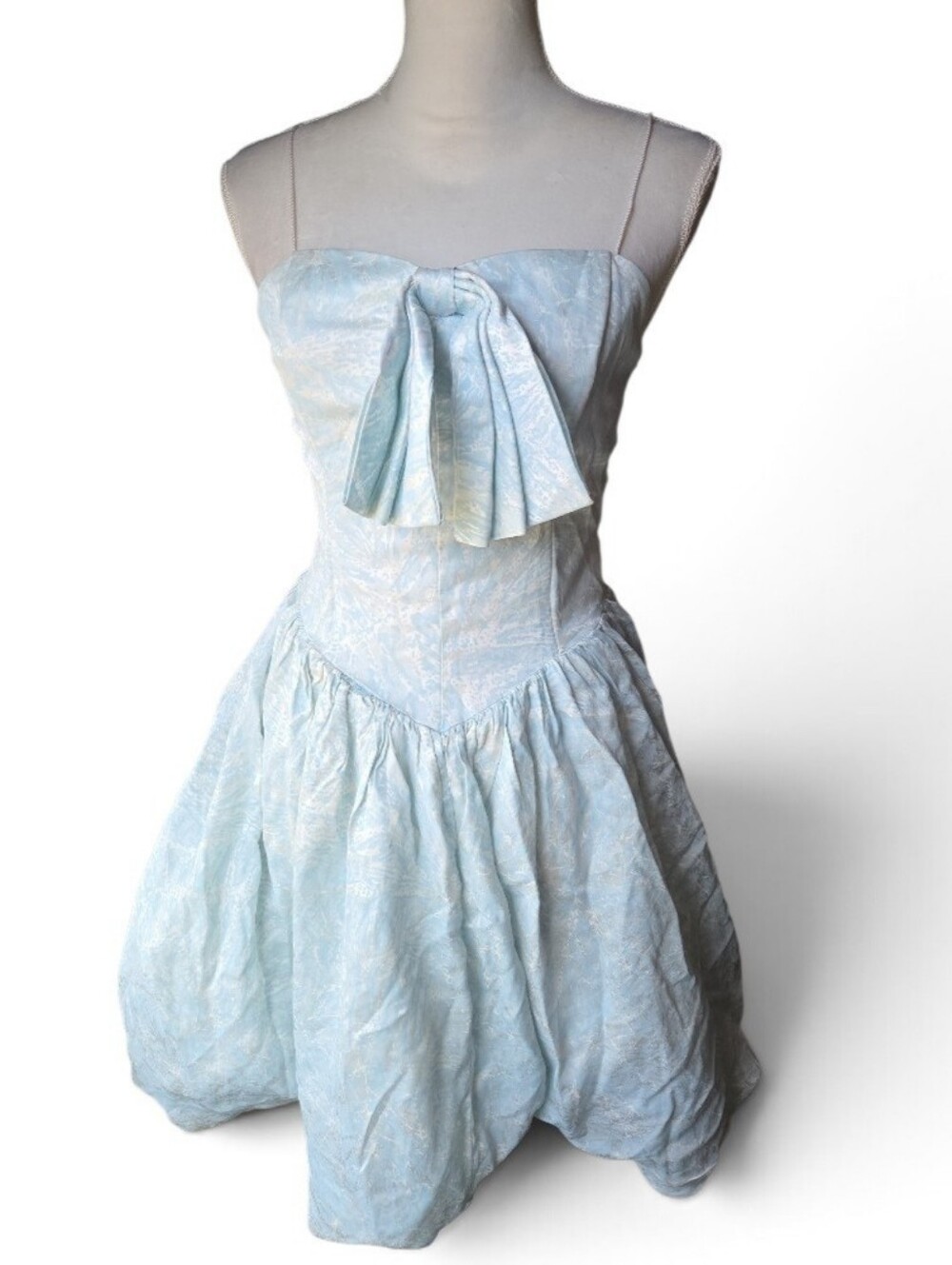 Vintage Light Blue & White Strapless Bow Bubble Hem Dress Size Small